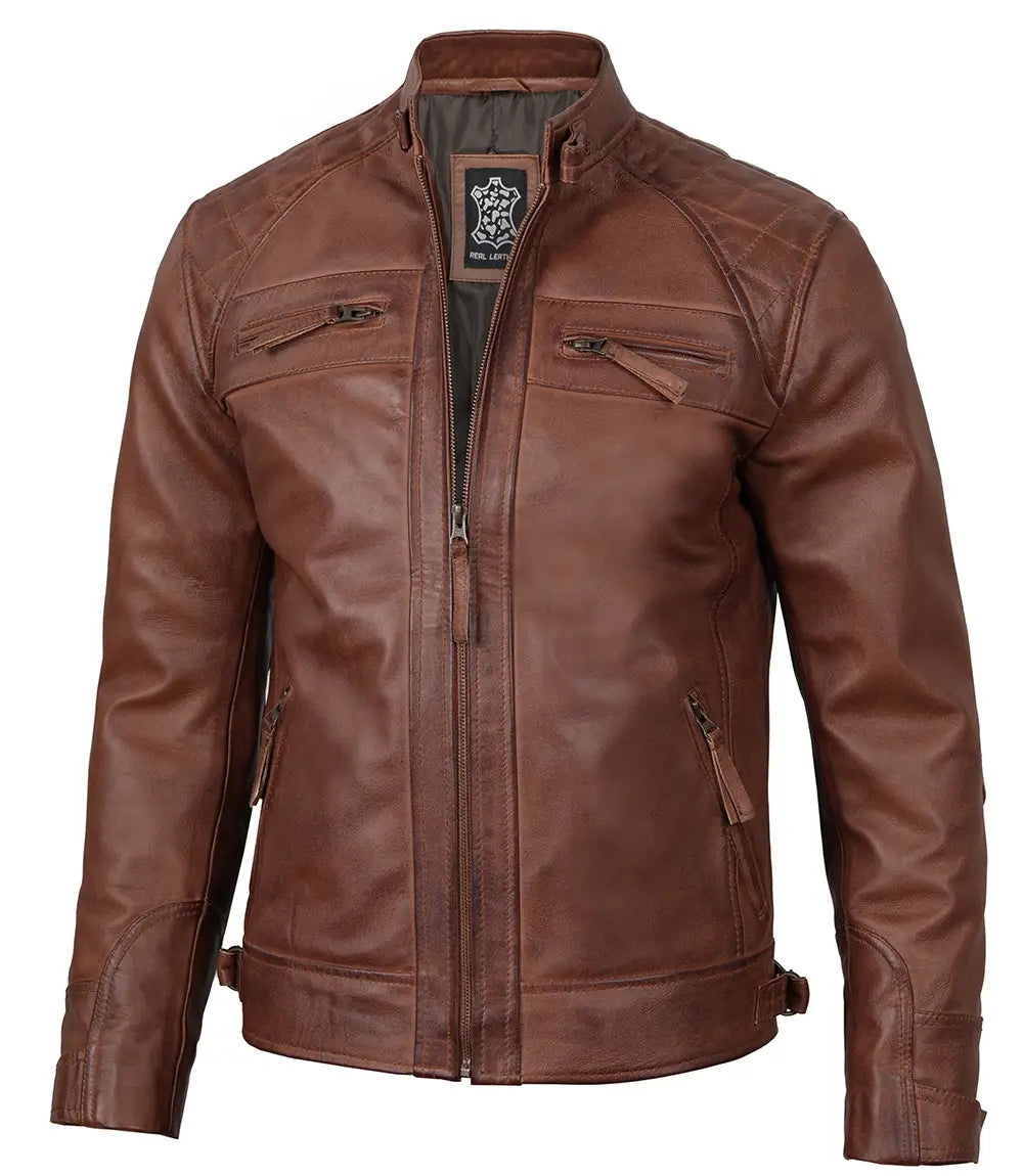 Mens Tall Cognac Brown Cafe Racer Style Leather Jacket