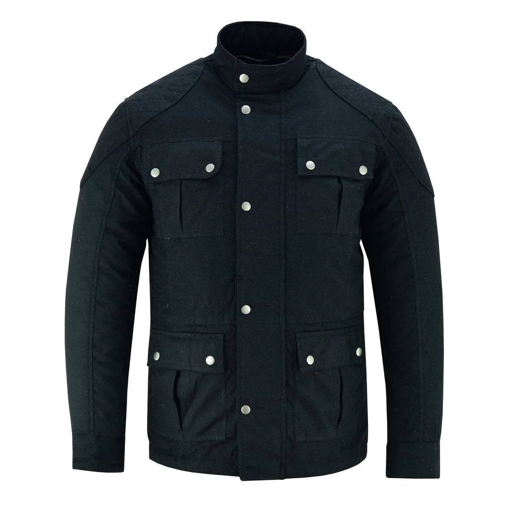 Men's Classic Black Waxed Cotton Motorcycle Jacket Textile Biker Armoured vintag