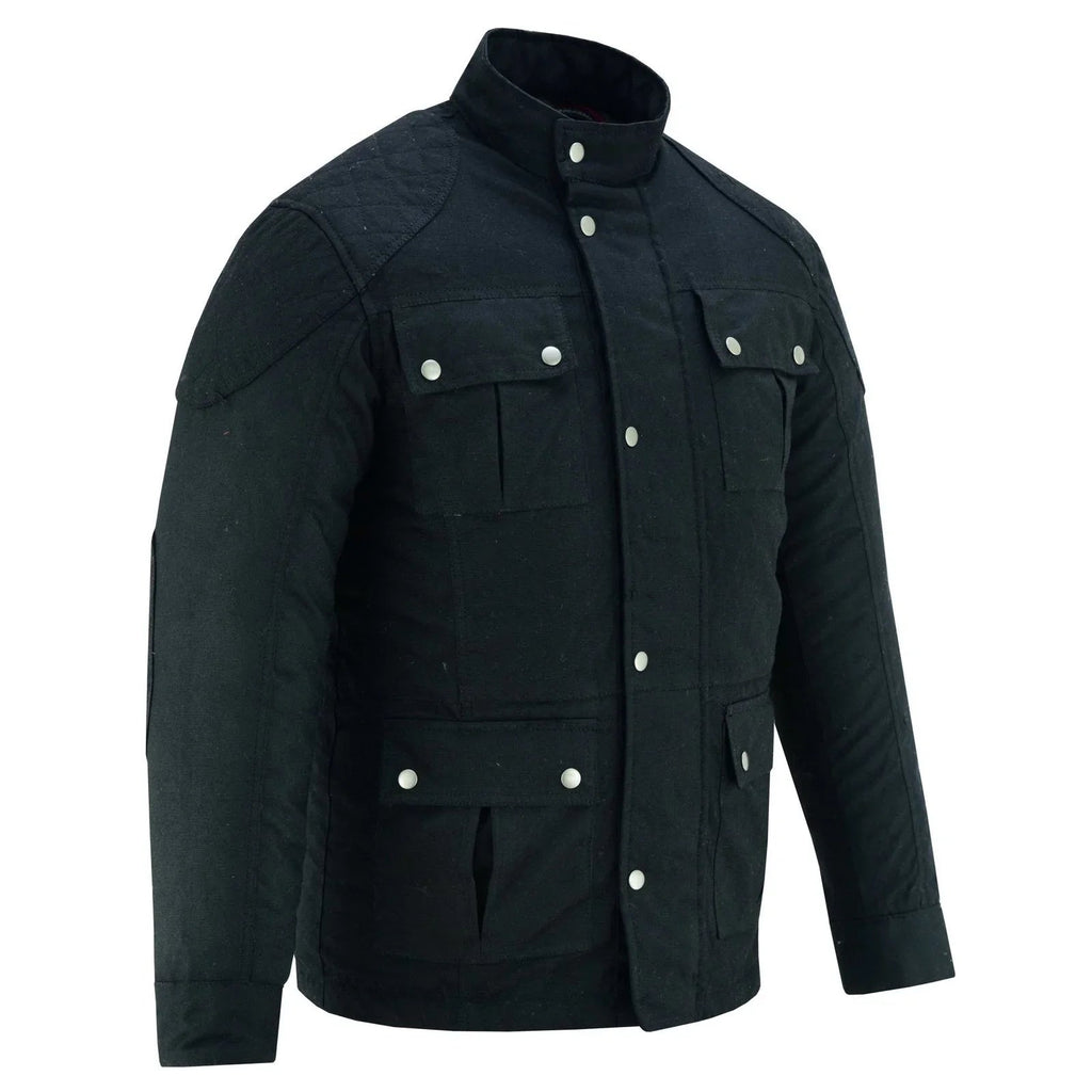 Men's Classic Black Waxed Cotton Motorcycle Jacket Textile Biker Armoured vintag