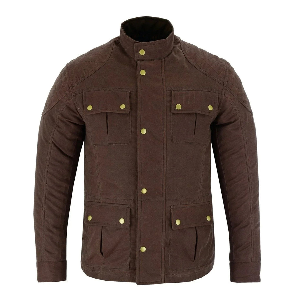 Men's Classic Brown Waxed Cotton Motorcycle Jacket Textile Biker Armoured vintag