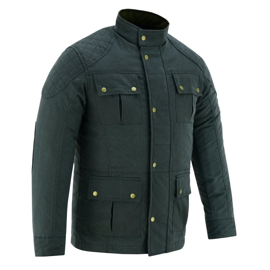 Men's Classic Green Waxed Cotton Motorcycle Jacket Textile Biker Armoured vintag