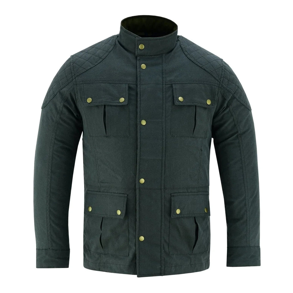 Men's Classic Green Waxed Cotton Motorcycle Jacket Textile Biker Armoured vintag