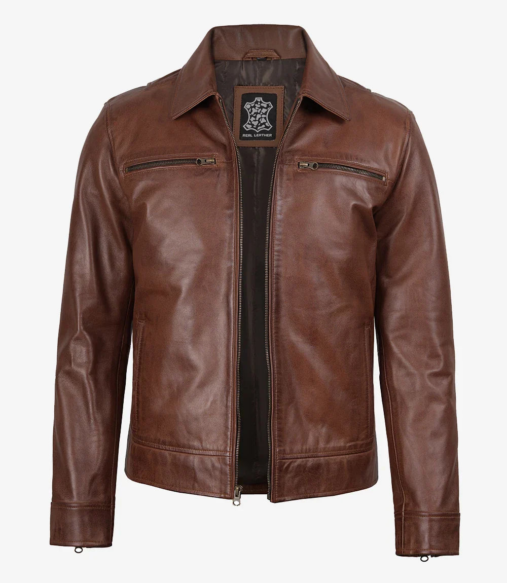 Men's Cognac Brown Leather Shirt Collar Jacket