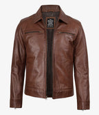 Men's Cognac Brown Leather Shirt Collar Jacket