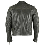 Men's Collarless Distressed Leather Biker Motorcycle Armoured Jacket