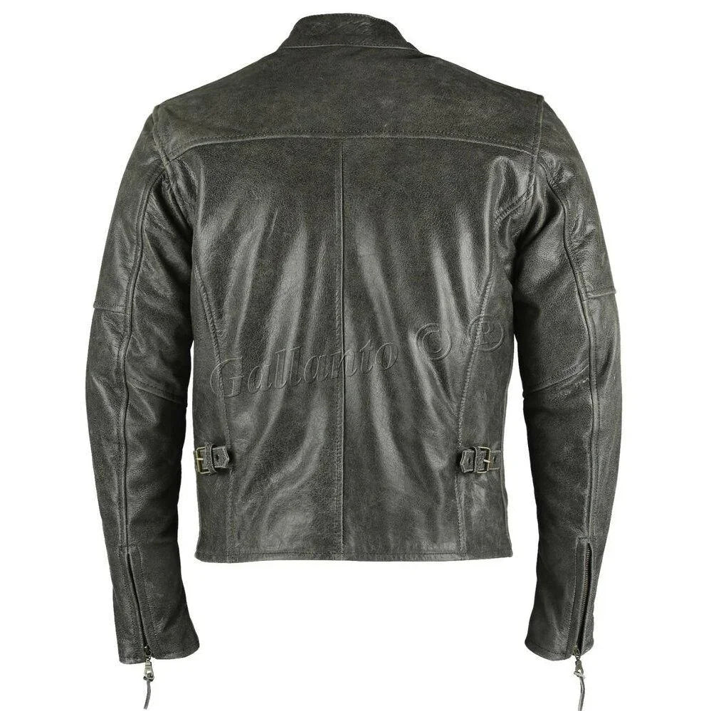 Men's Collarless Distressed Leather Biker Motorcycle Armoured Jacket