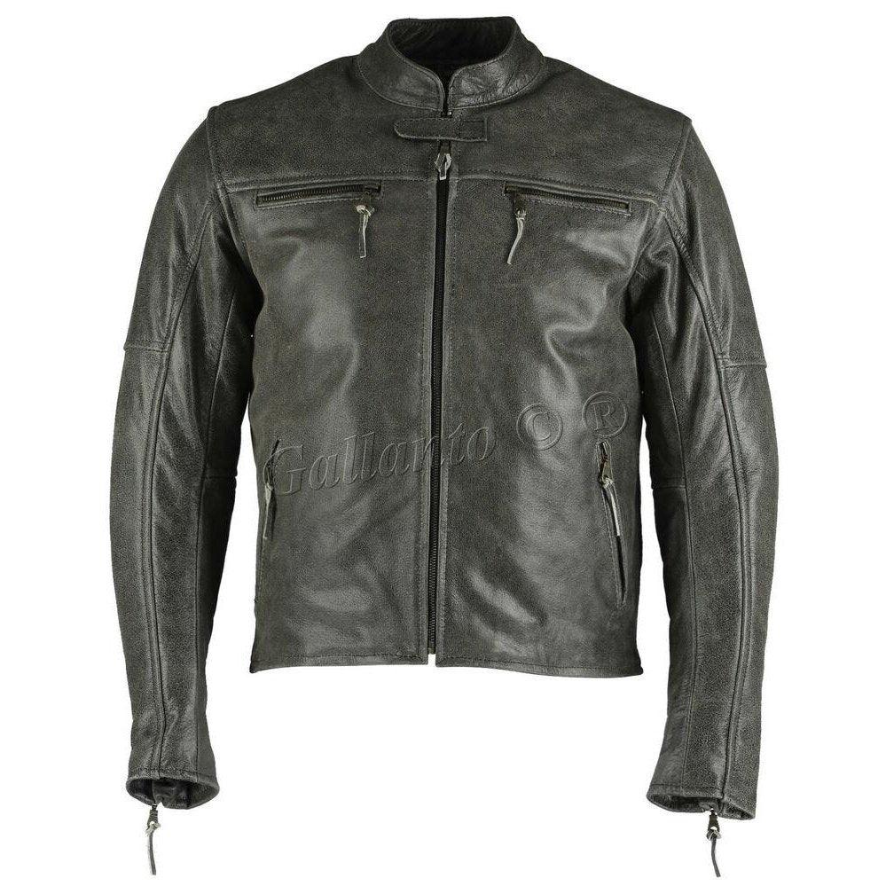 Men's Collarless Distressed Leather Biker Motorcycle Armoured Jacket