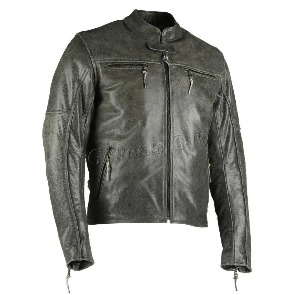 Men's Collarless Distressed Leather Biker Motorcycle Armoured Jacket