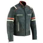 Men’s Distressed Orange & Creme Stripes Motorcycle Leather Jacket