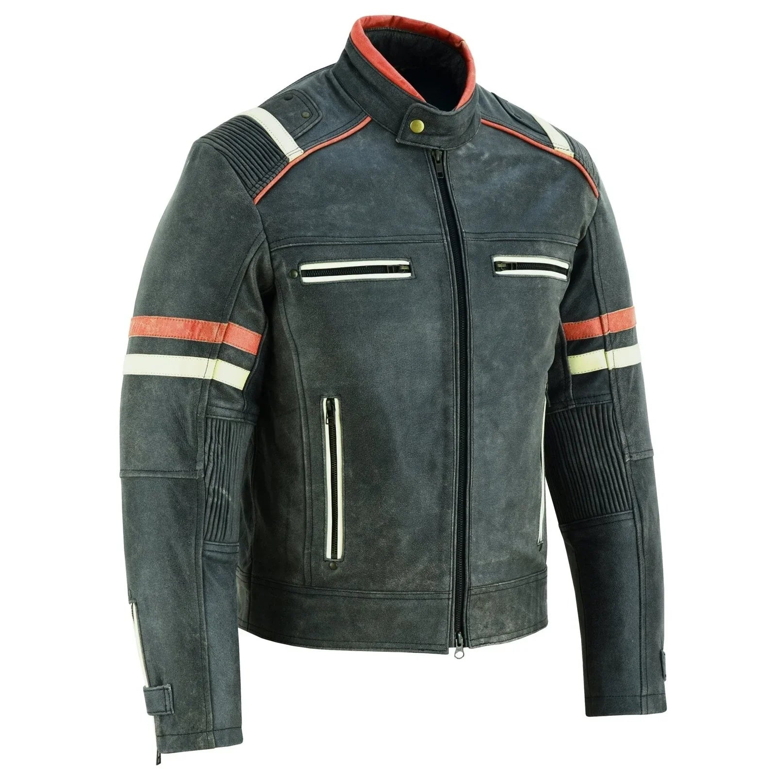 Men’s Distressed Orange & Creme Stripes Motorcycle Leather Jacket