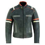 Men’s Distressed Orange & Creme Stripes Motorcycle Leather Jacket