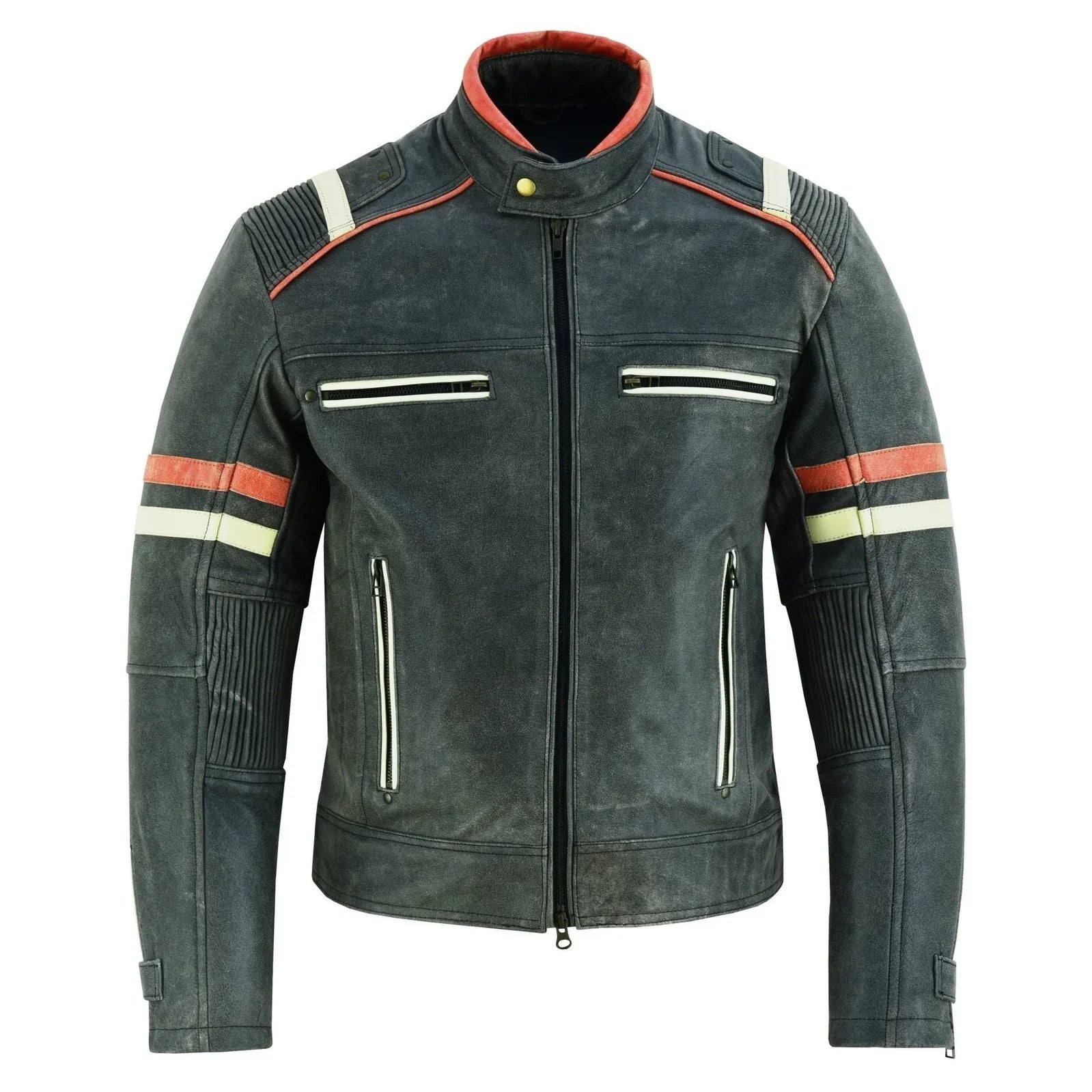 Men’s Distressed Orange & Creme Stripes Motorcycle Leather Jacket