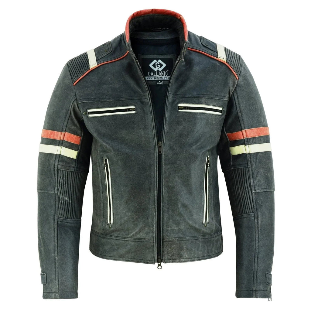 Men’s Distressed Orange & Creme Stripes Motorcycle Leather Jacket