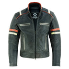 Men’s Distressed Orange & Creme Stripes Motorcycle Leather Jacket