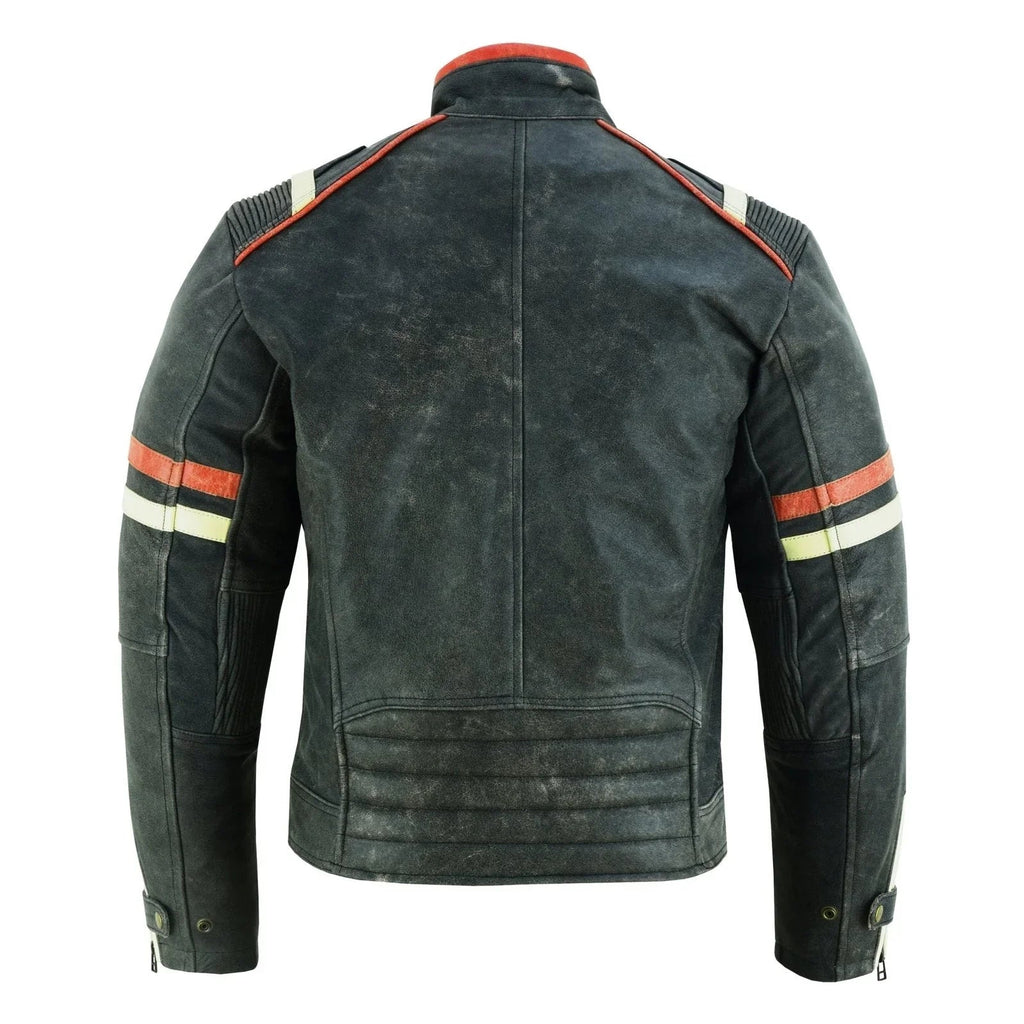 Men’s Distressed Orange & Creme Stripes Motorcycle Leather Jacket