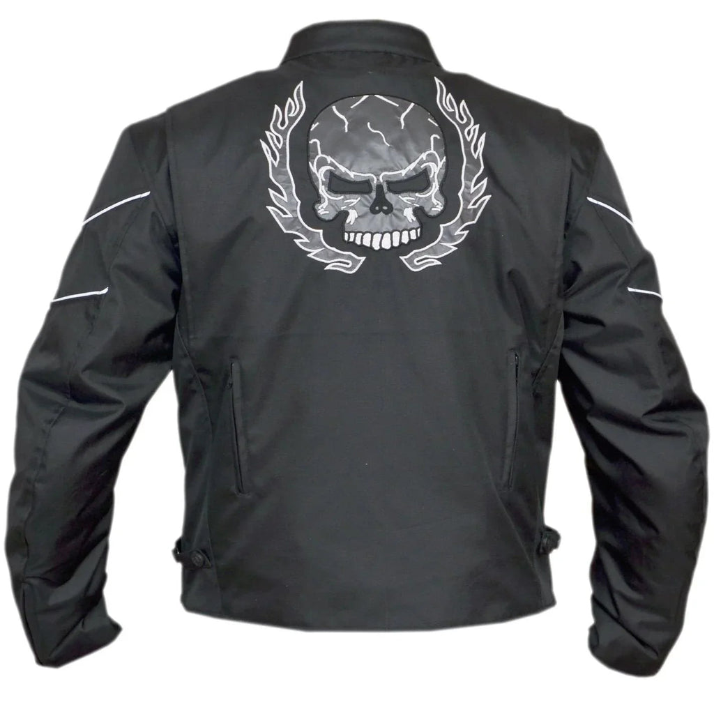 Mens Flaming Skull Armored Black Textile Motorcycle Biker Jacket