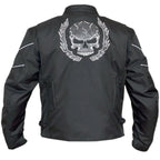 Mens Flaming Skull Armored Black Textile Motorcycle Biker Jacket