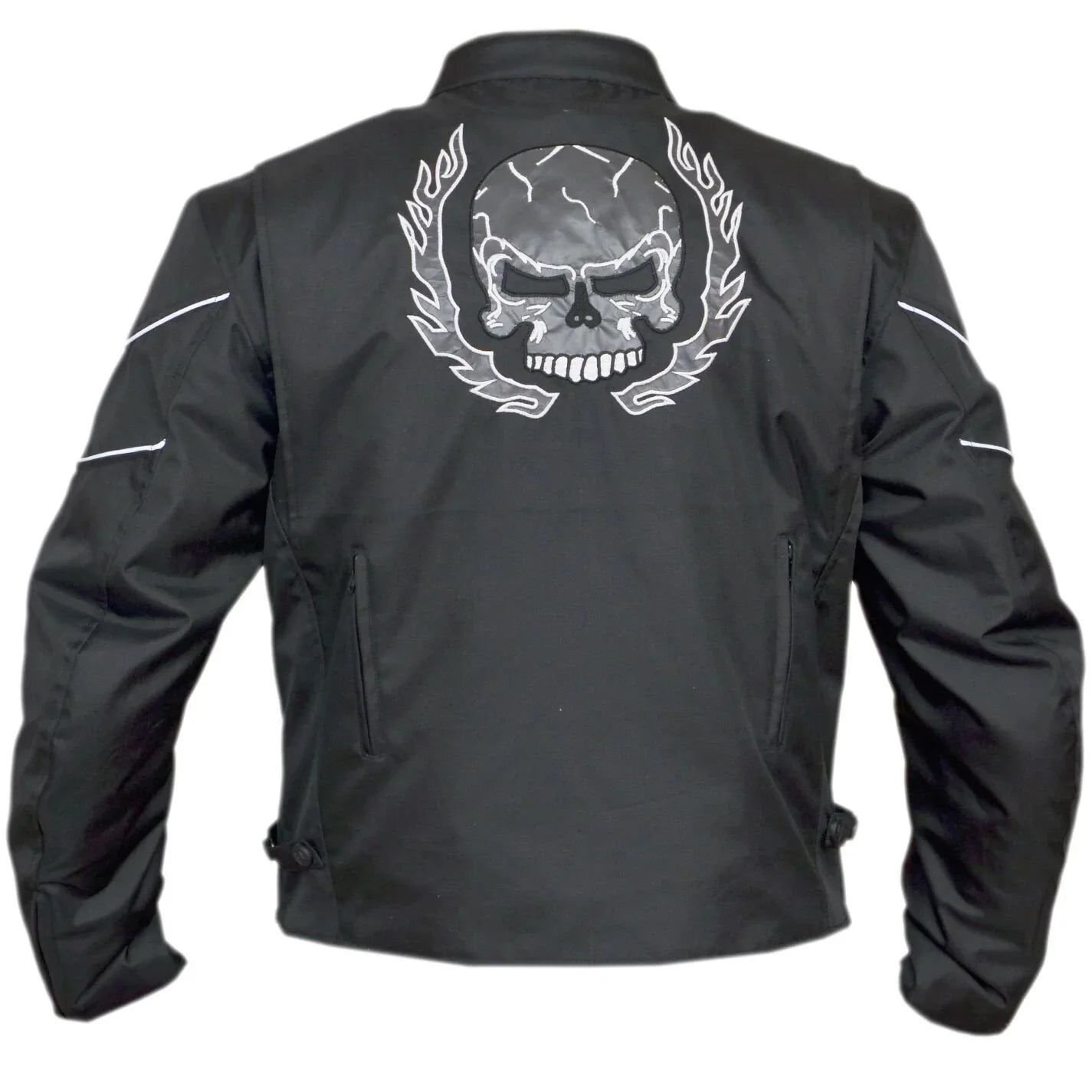 Mens Flaming Skull Armored Black Textile Motorcycle Biker Jacket