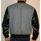 Mens Grey Tweed Casual Bomber Jacket with real leather sleeves