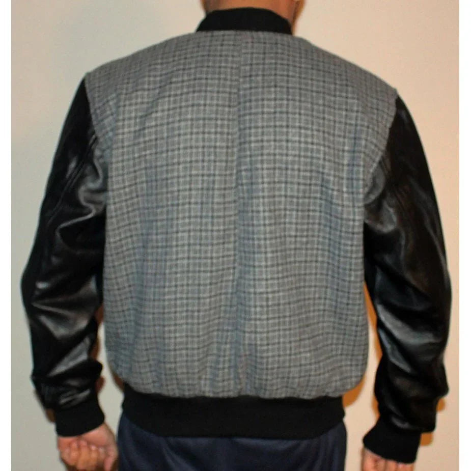 Mens Grey Tweed Casual Bomber Jacket with real leather sleeves