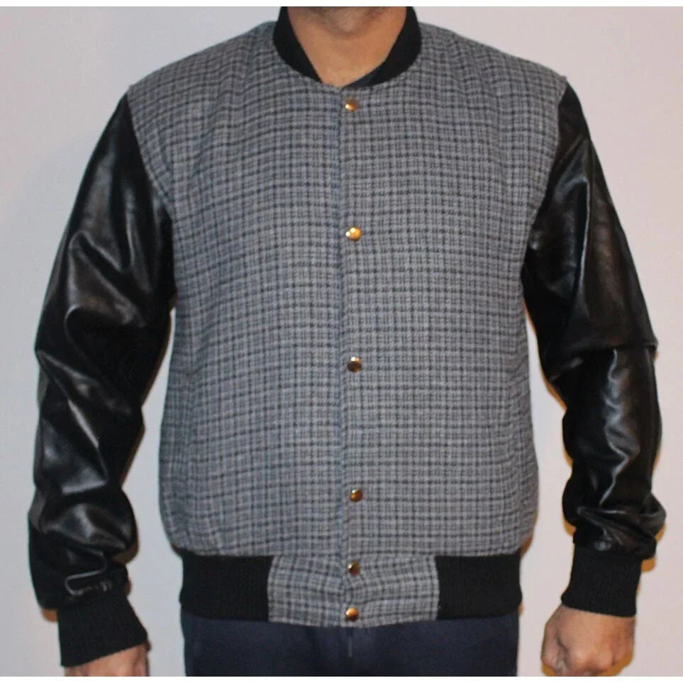 Mens Grey Tweed Casual Bomber Jacket with real leather sleeves