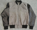 Mens Grey Tweed Casual Bomber Jacket with real leather sleeves