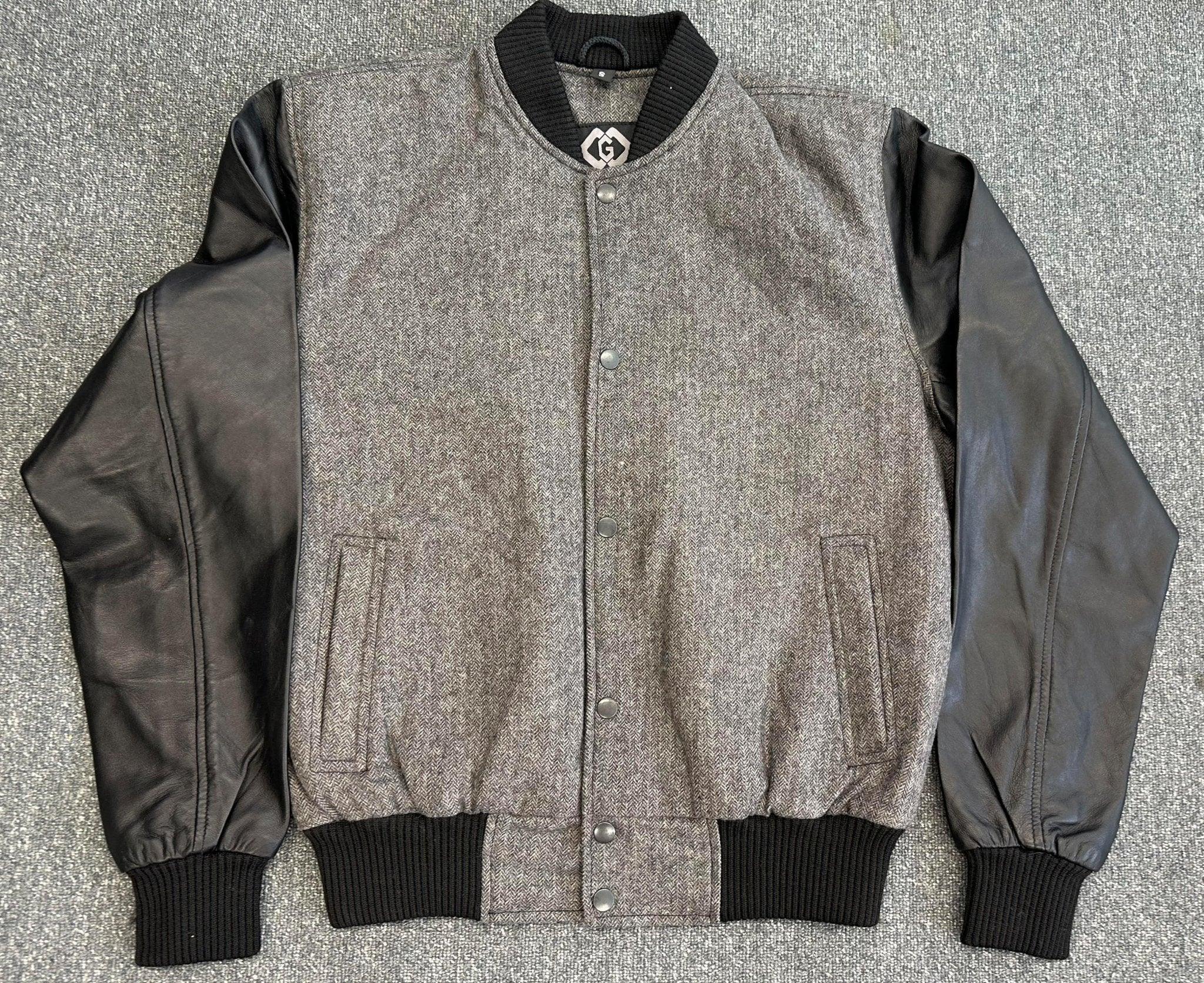 Mens Grey Tweed Casual Bomber Jacket with real leather sleeves