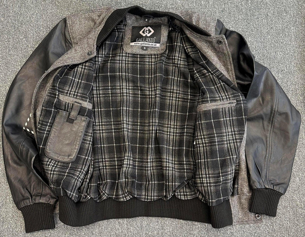 Mens Grey Tweed Casual Bomber Jacket with real leather sleeves