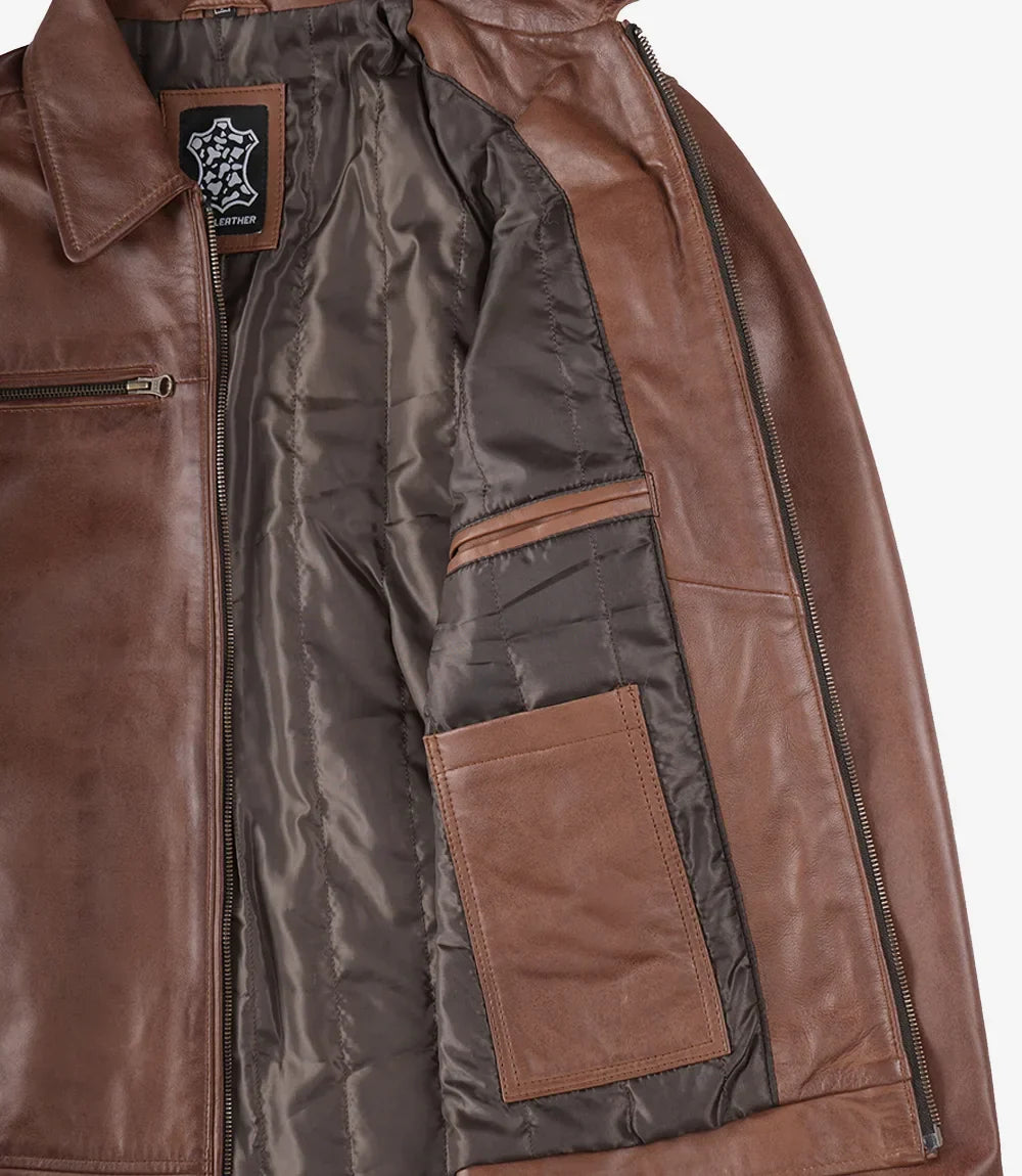 Men's Cognac Brown Leather Shirt Collar Jacket