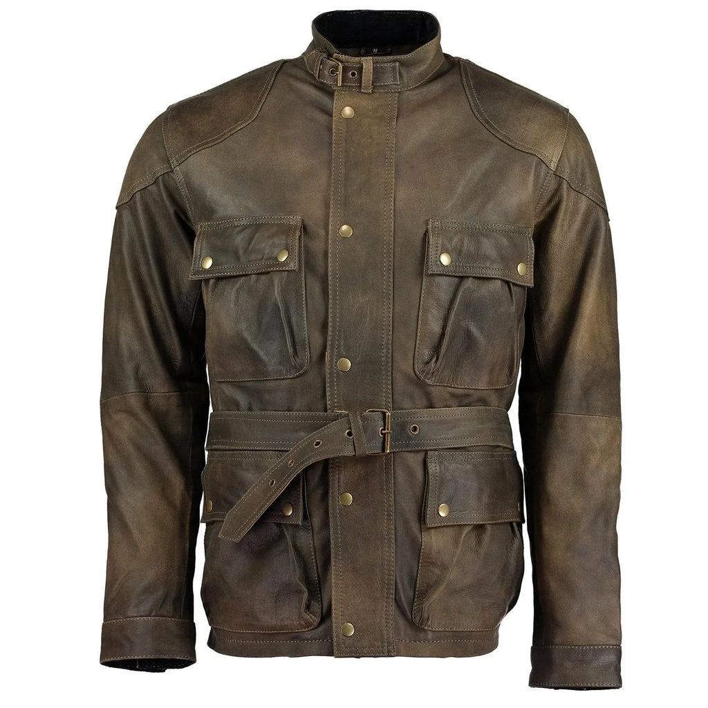 Mens Olive Green Benjamin Button Biker Vintage Leather Jacket Motorcycle