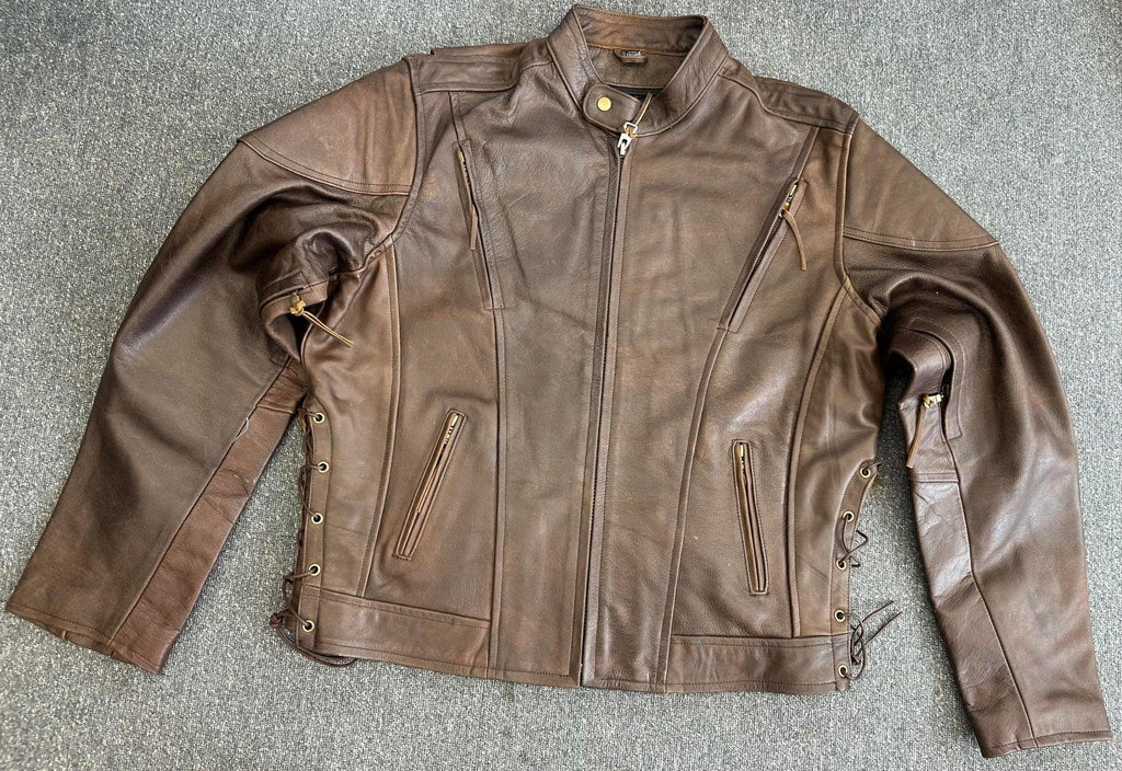 Men's Premium Brown Distressed Leather USA Eagle Embossed Racer Jacket XL