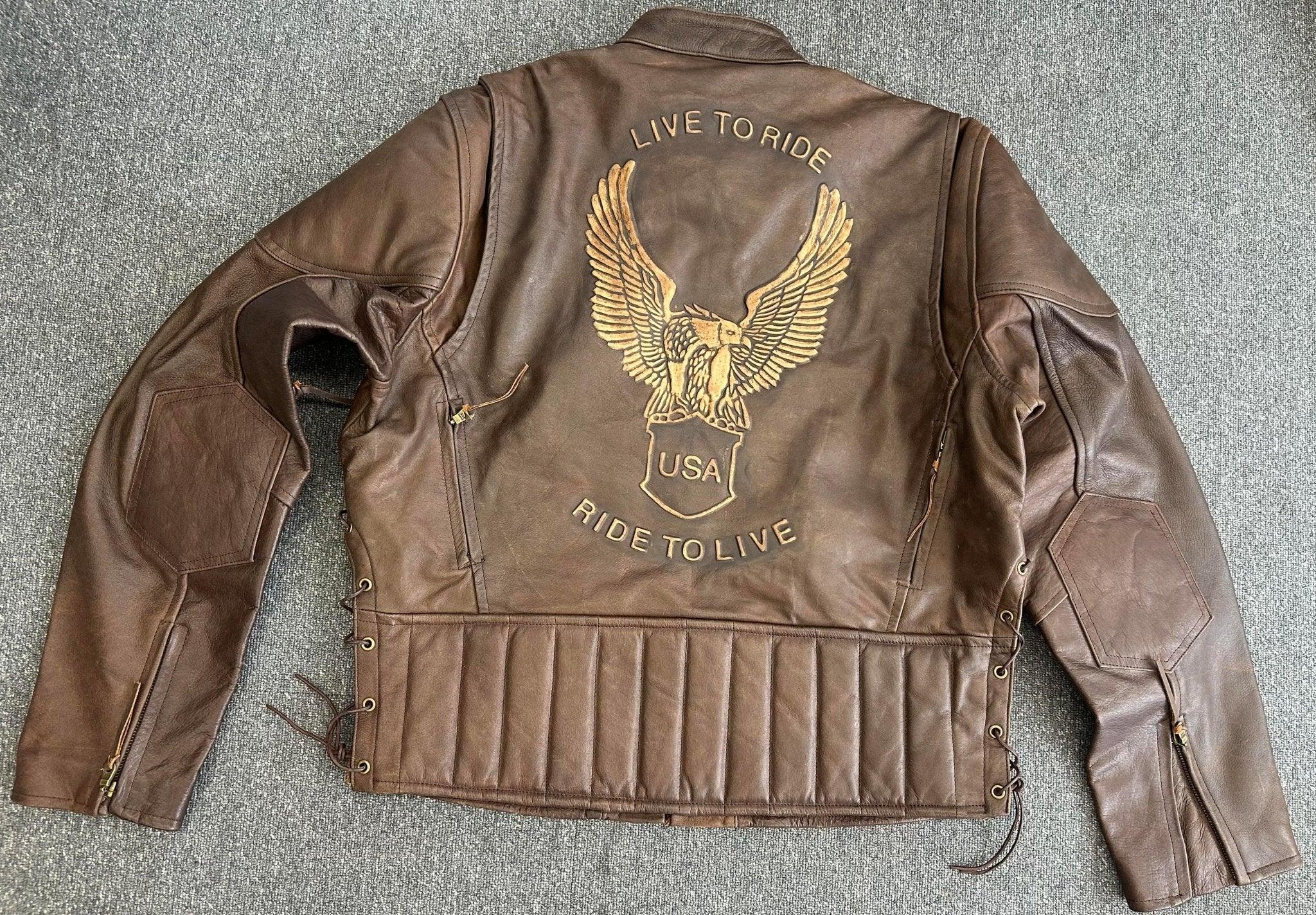 Men's Premium Brown Distressed Leather USA Eagle Embossed Racer Jacket XL