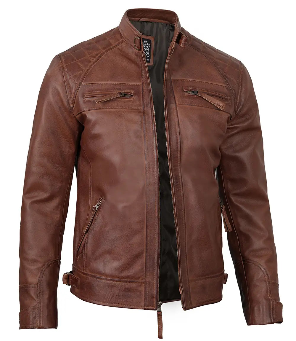 Mens Tall Cognac Brown Cafe Racer Style Leather Jacket