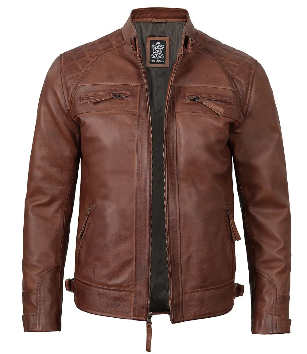 Mens Tall Cognac Brown Cafe Racer Style Leather Jacket
