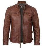 Mens Tall Cognac Brown Cafe Racer Style Leather Jacket