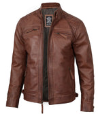 Mens Tall Cognac Brown Cafe Racer Style Leather Jacket