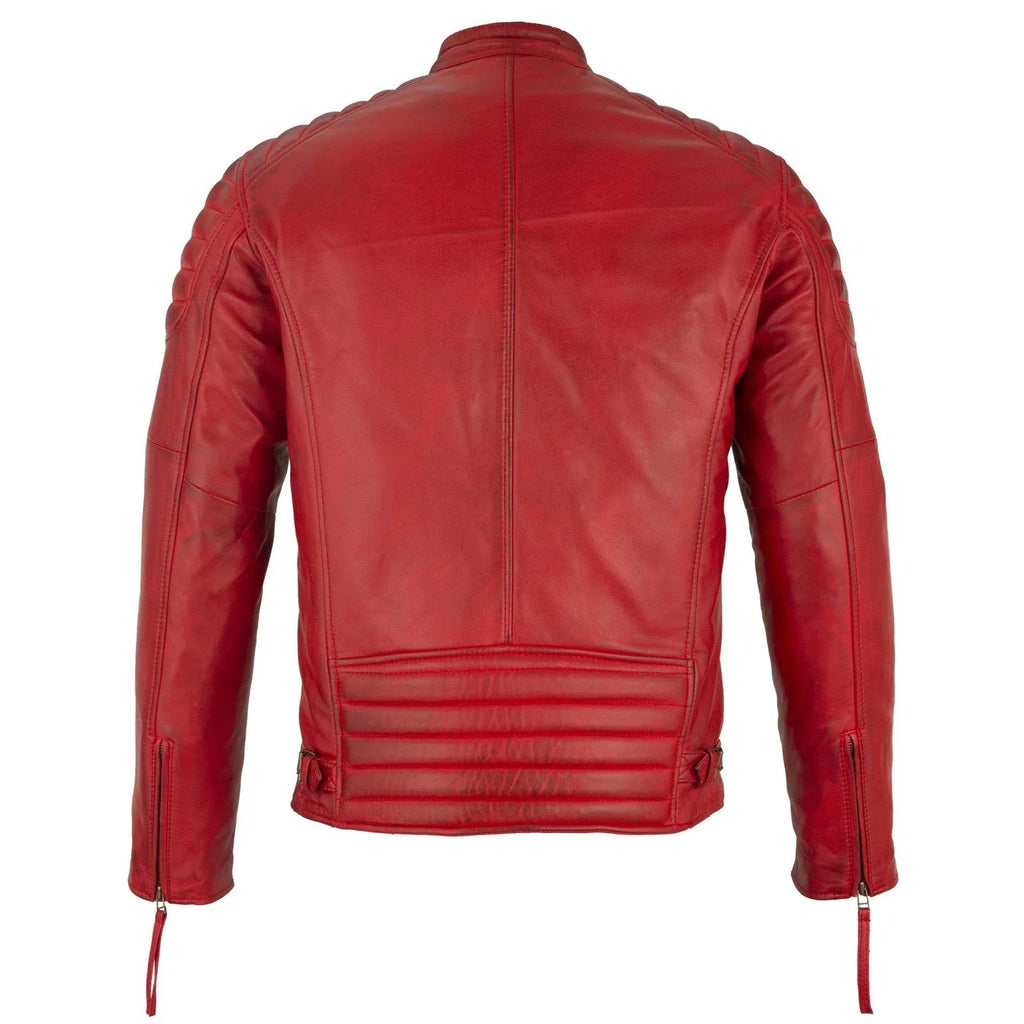 Mens Slim Fit Retro Style Biker Red Leather Jacket - Ivar