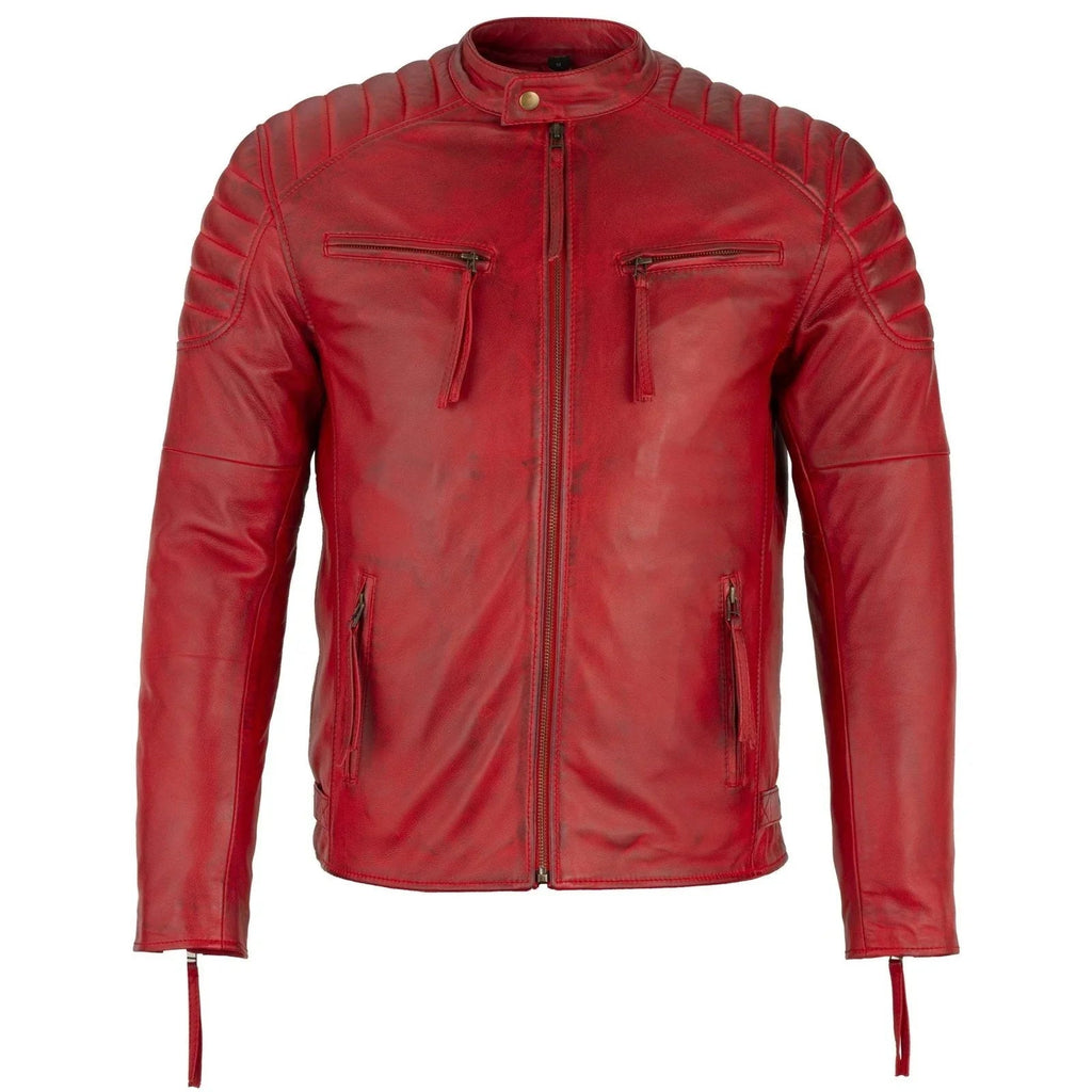 Mens Slim Fit Retro Style Biker Red Leather Jacket - Ivar