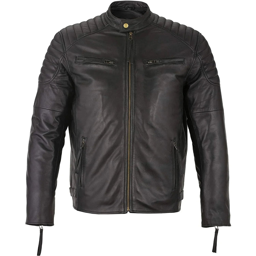 Mens Slim Fit Retro Style Zipped Biker Jacket Real Washed Leather Tan, Vintage Brown & Red