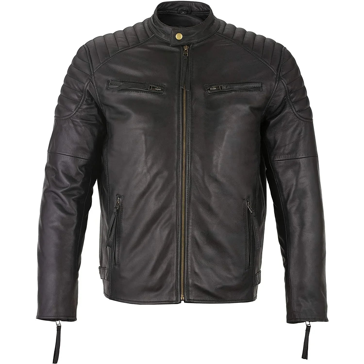 Mens Slim Fit Retro Style Zipped Biker Jacket Real Washed Leather Tan, Vintage Brown & Red