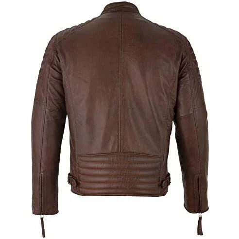 Mens Slim Fit Retro Style Zipped Biker Jacket Real Washed Leather Tan, Vintage Brown & Red