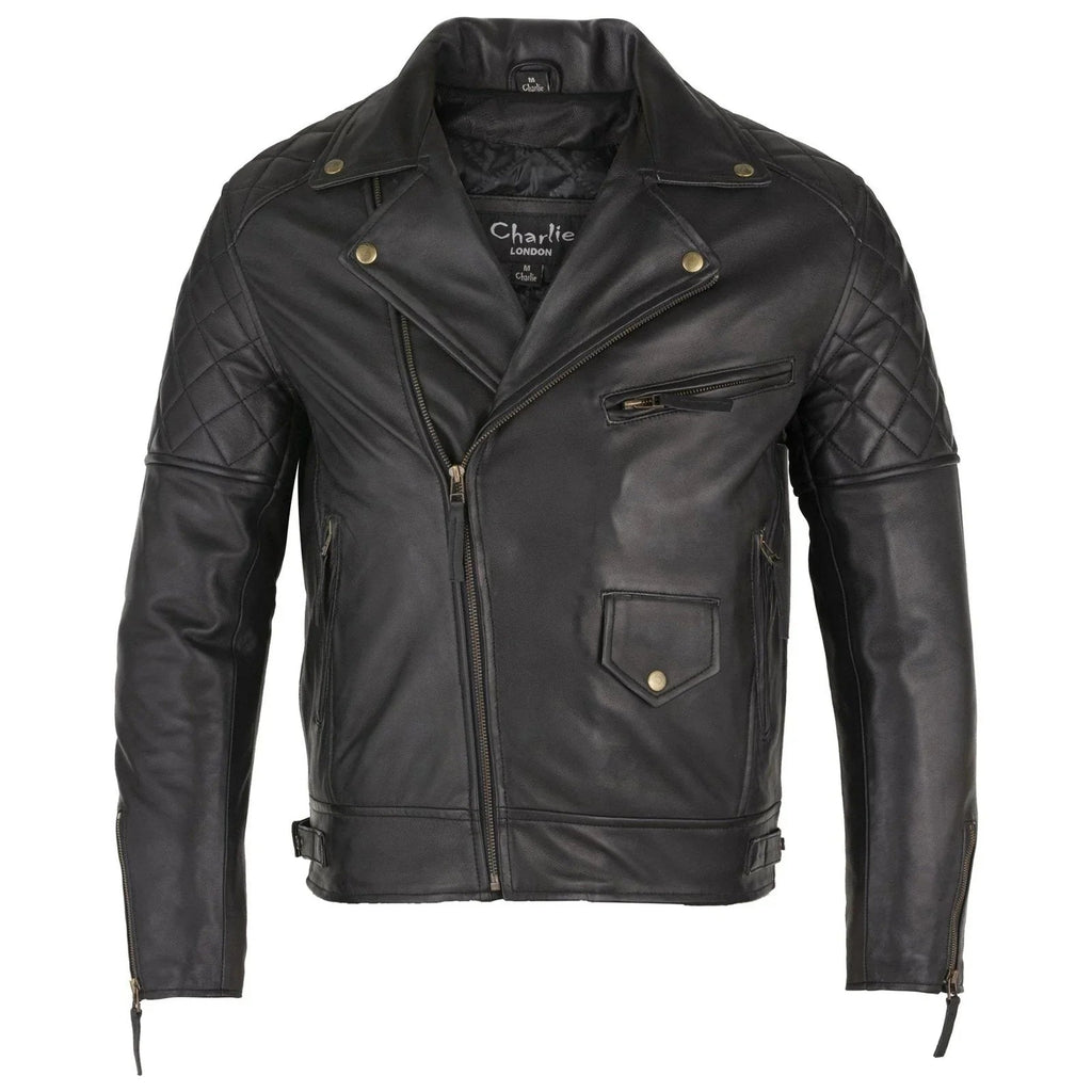 Mens Soltau Diamond Biker Style Black Leather Jacket