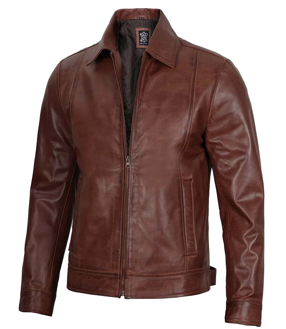 Tall Men Harrington Brown Real Leather Jacket