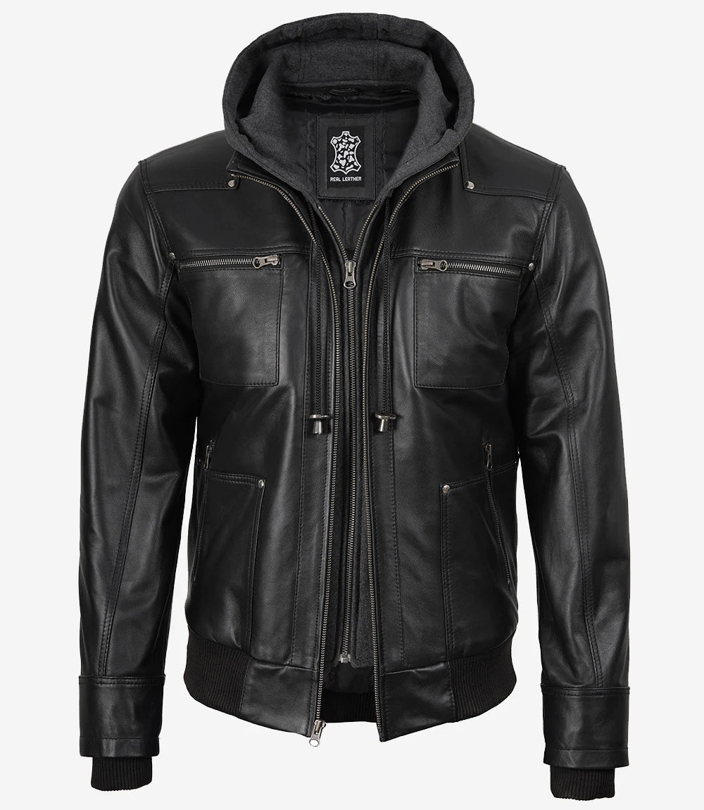 Mens Black Bomber Leather Jacket with Removable Hood