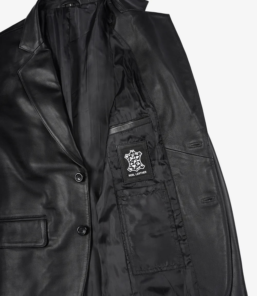 Men's Notch Lapel Two Button Black Leather Blazer Jacket