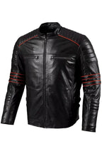 Leor Black Leather With Red Stripes Biker Jacket