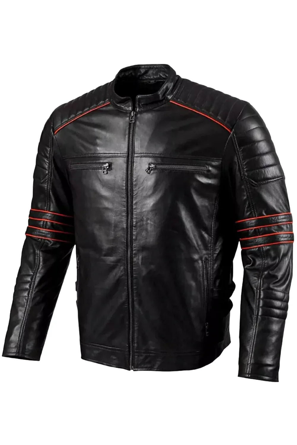 Leor Black Leather With Red Stripes Biker Jacket