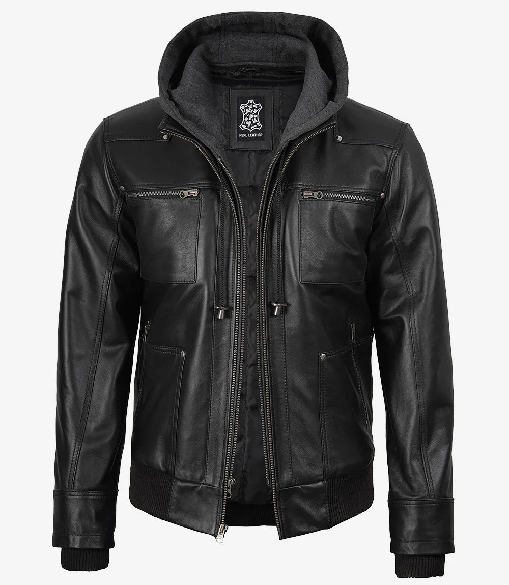 Mens Black Bomber Leather Jacket with Removable Hood