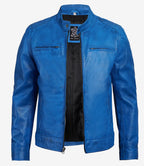 Dodge Men's Cafe Racer Style Blue Leather Jacket