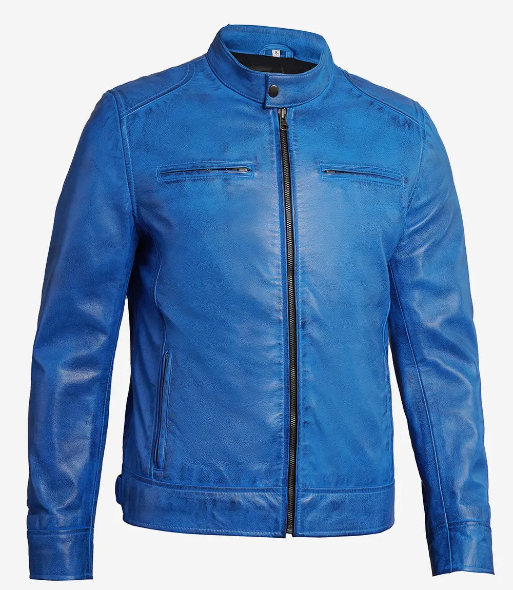 Dodge Men's Cafe Racer Style Blue Leather Jacket
